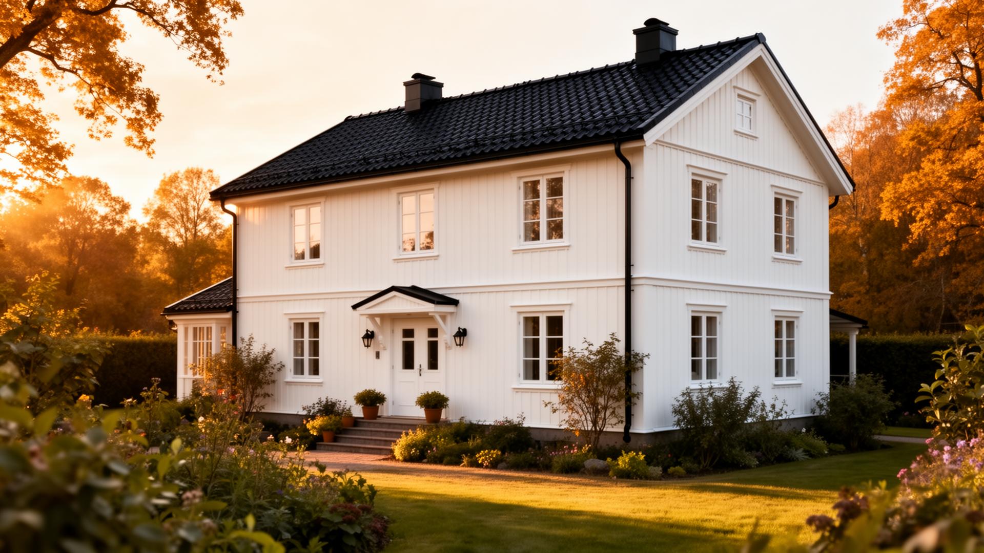 Välhållen svensk villa i kvällsljus
